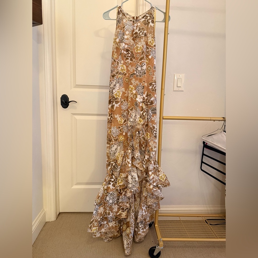 Bronx and Banco Brown and White Asymmetrical Ruffled Halter Gown